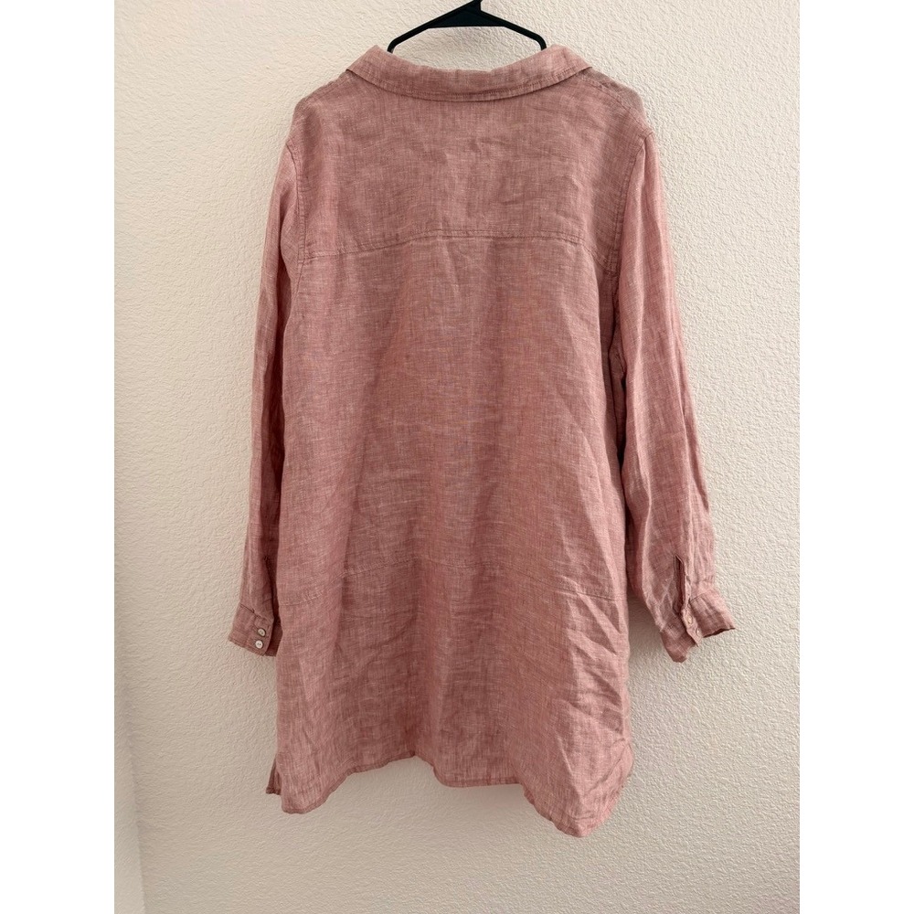 Tahari Womens 1X Dusty Rose Pink 100% Linen Button Down Tunic Roll Tab Shirt - Picture 7 of 7